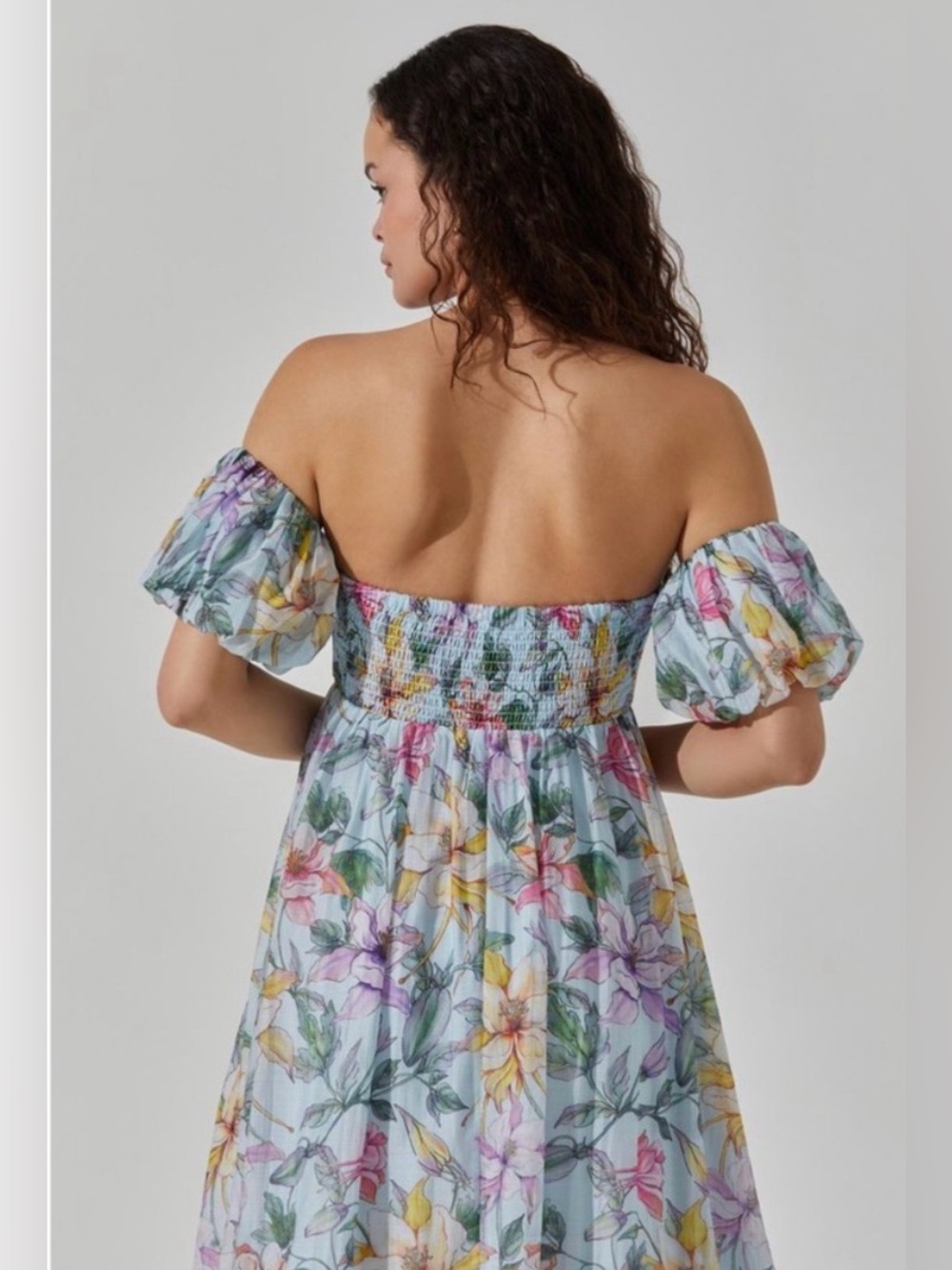 ASTR the Label Floral Off the Shoulder Midi Dress Blue Multi Tropical - Picture 10 of 12